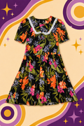 1980's Original Vintage Caroline Colours Floral Black Dress
