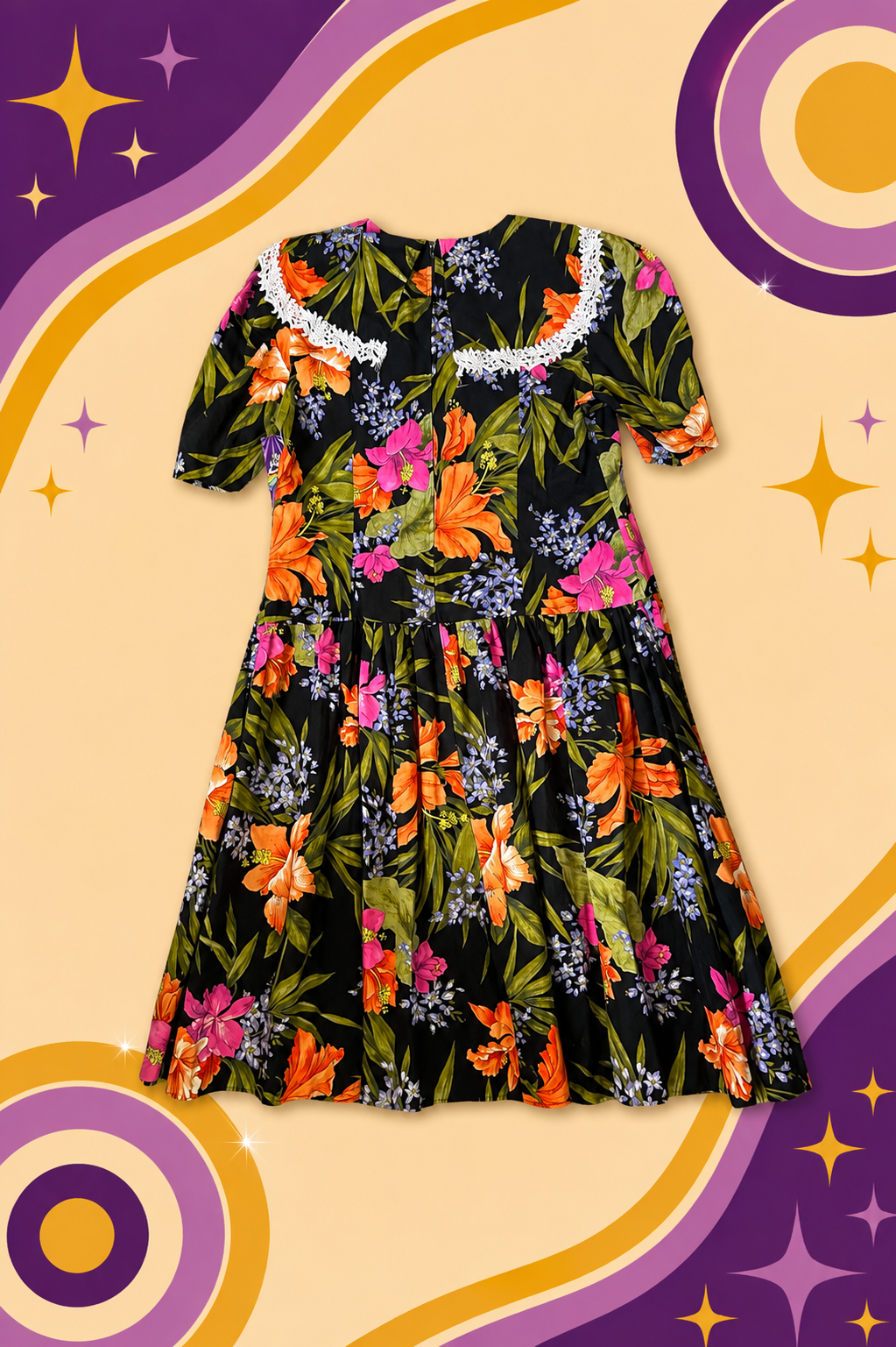 1980's Original Vintage Caroline Colours Floral Black Dress