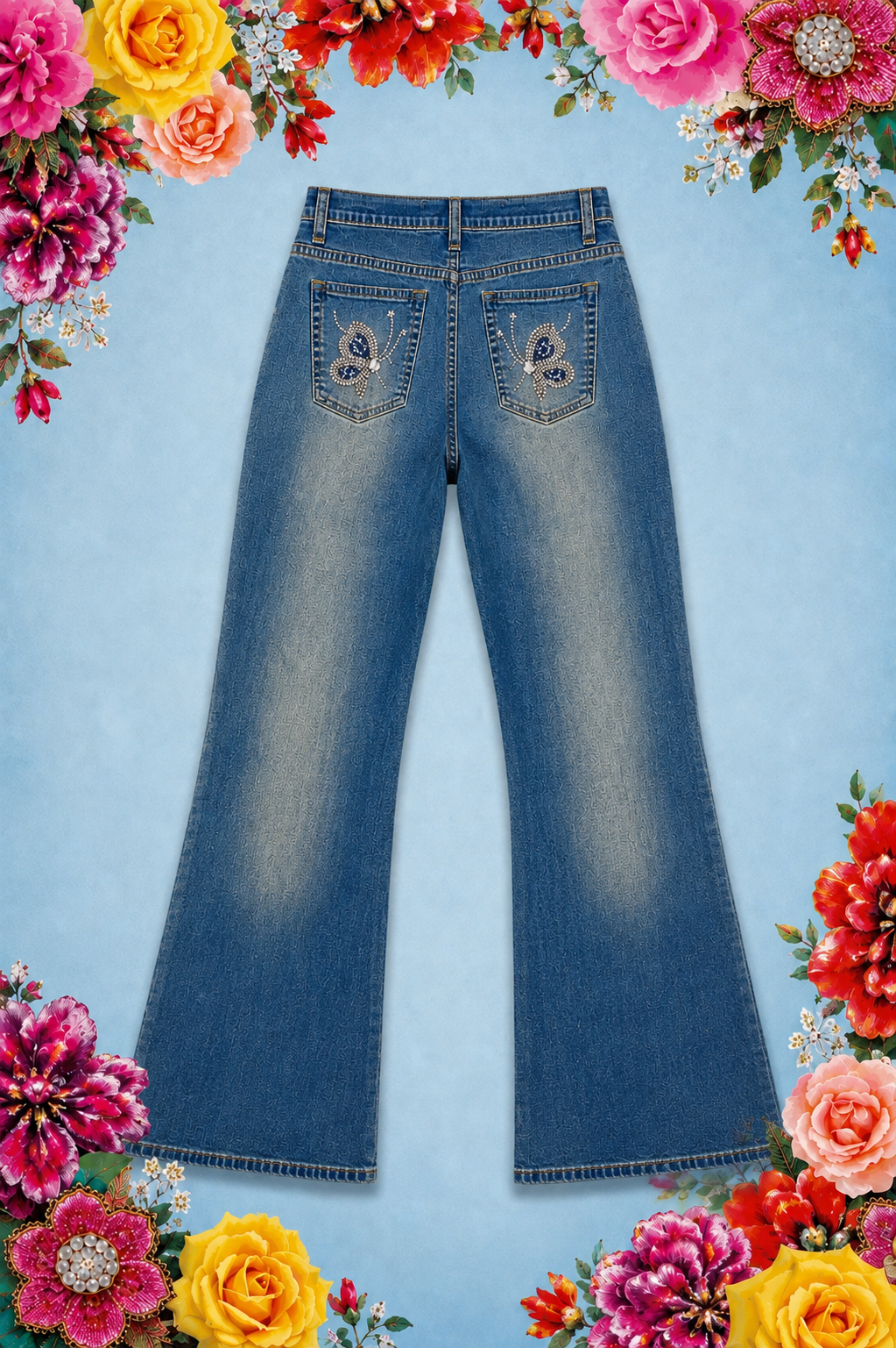 Hand Beaded Bizarro Ferraro Y2K Low Waisted Jeans (Silver Butterly)