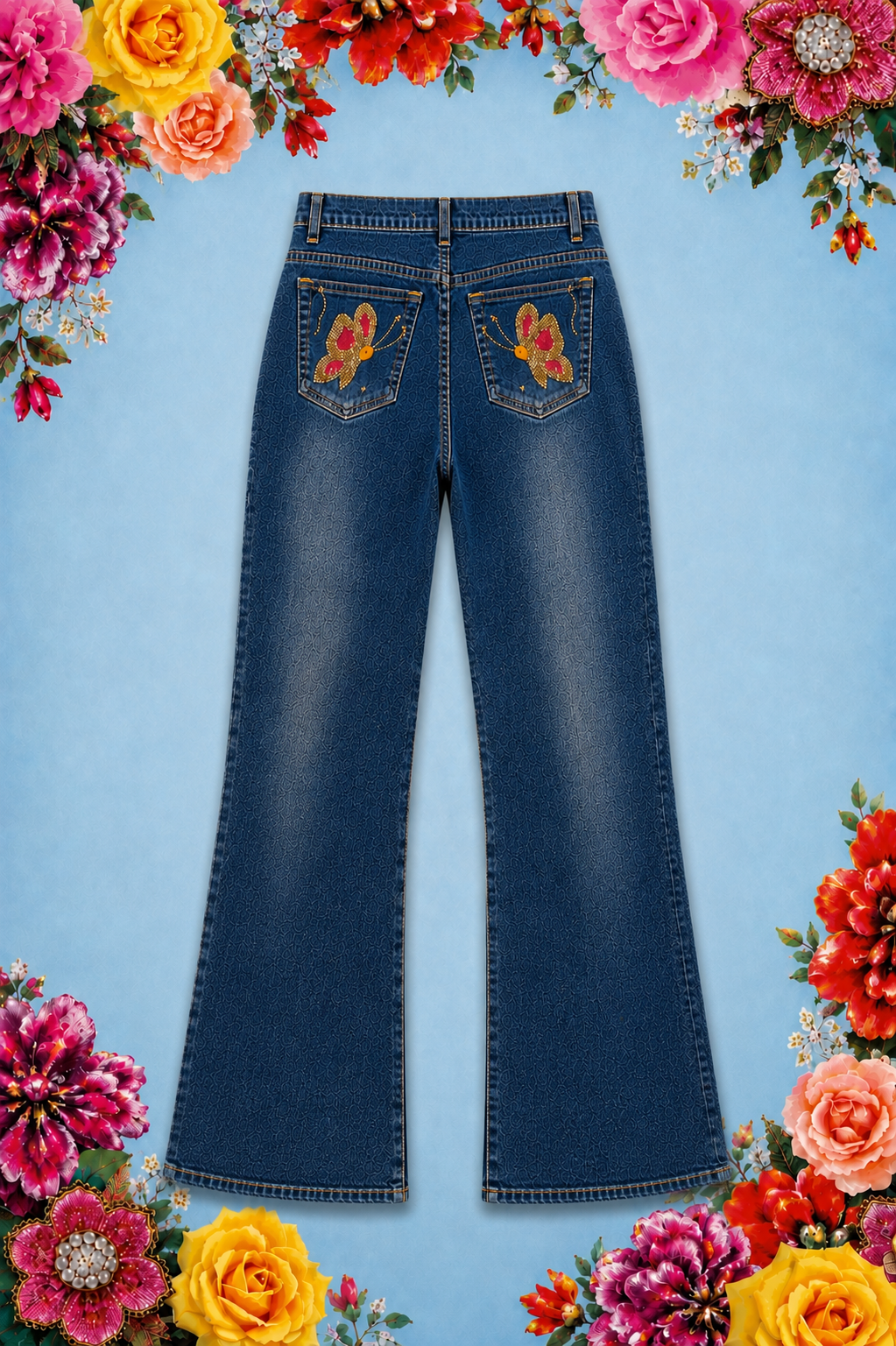 Hand Beaded Bizarro Ferraro Y2K Low Waisted Jeans (Gold Butterfly)