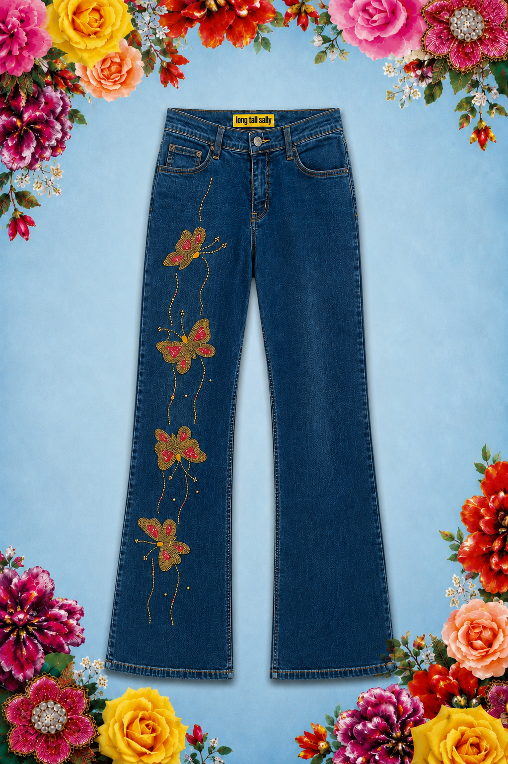 Hand Beaded Bizarro Ferraro Y2K Low Waisted Jeans (Gold Butterfly)