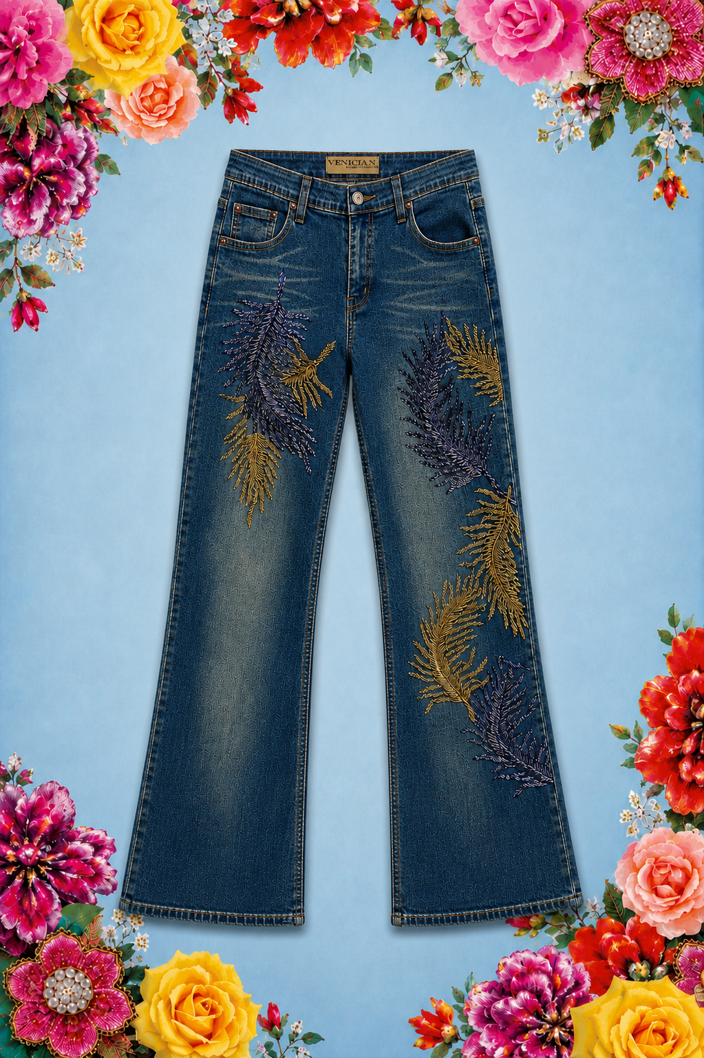 Hand Beaded Bizarro Ferraro Y2K Low Waisted Jeans (Gold Feather)
