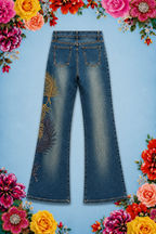 Hand Beaded Bizarro Ferraro Y2K Low Waisted Jeans (Gold Feather)