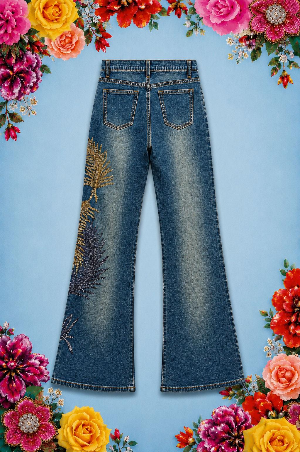 Hand Beaded Bizarro Ferraro Y2K Low Waisted Jeans (Gold Feather)
