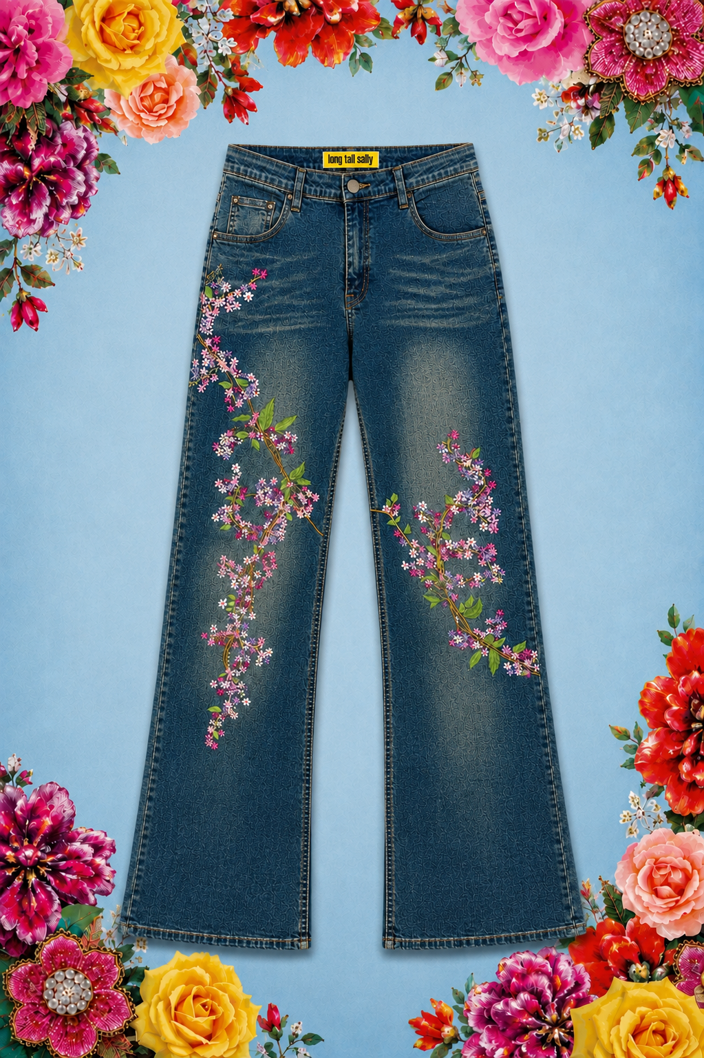 Hand Beaded Bizarro Ferraro Y2K Low Waisted Jeans (Jasmin Flower)