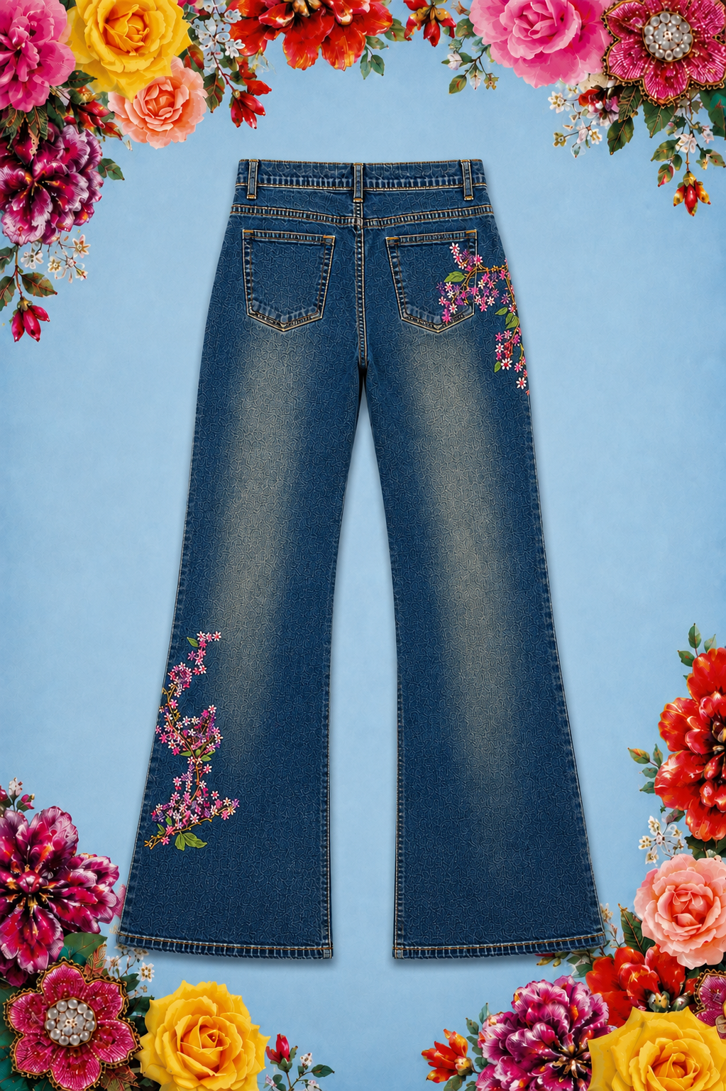Hand Beaded Bizarro Ferraro Y2K Low Waisted Jeans (Jasmin Flower)
