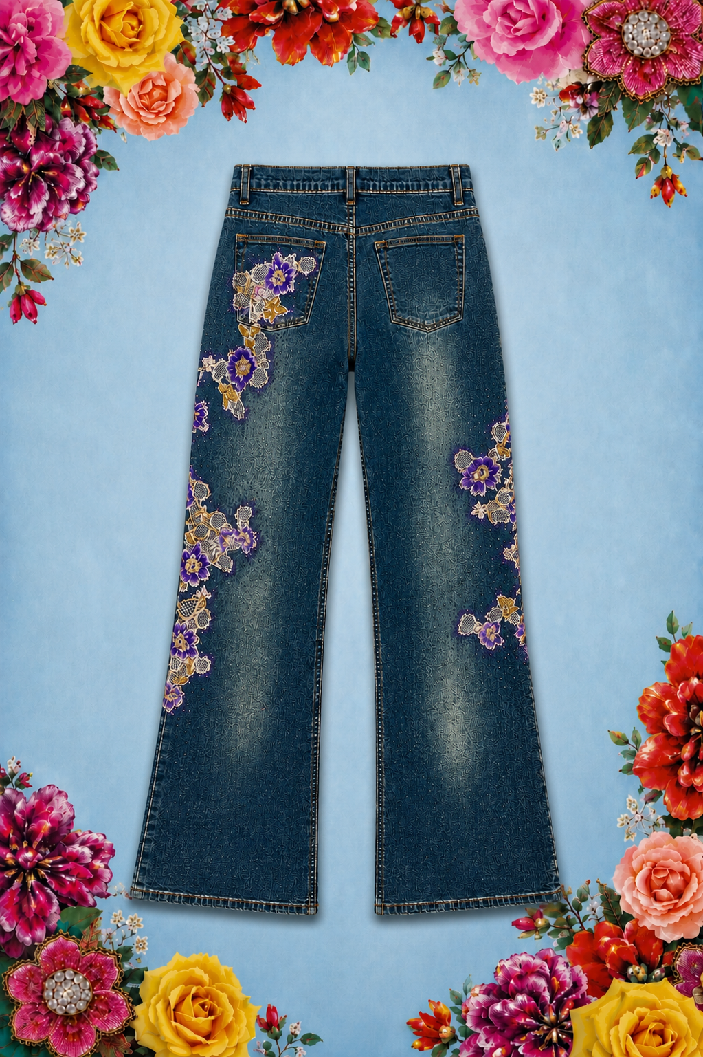 Hand Beaded Bizarro Ferraro Y2K Low Waisted Jeans (Purple/Gold)