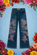 Hand Beaded Bizarro Ferraro Y2K Low Waisted Jeans (Purple/Gold)
