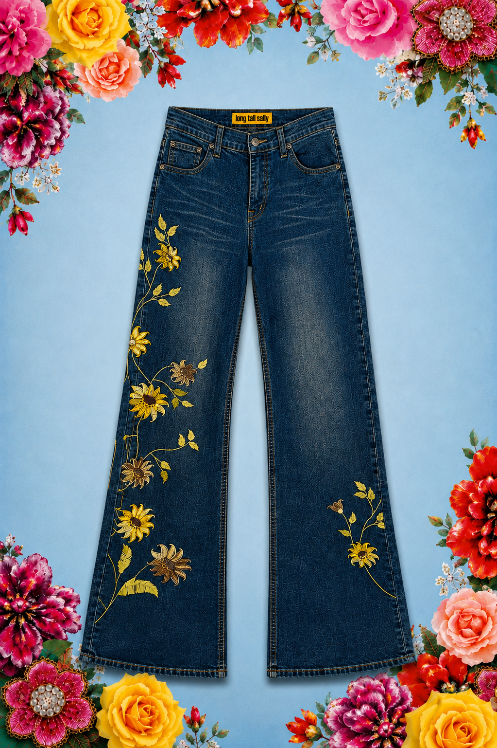 Hand Beaded Bizarro Ferraro Y2K Low Waisted Jeans (Sunflower)