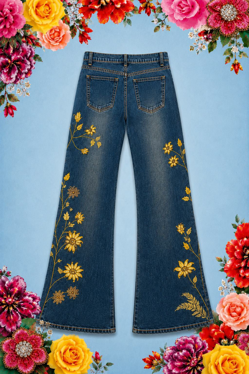 Hand Beaded Bizarro Ferraro Y2K Low Waisted Jeans (Sunflower)