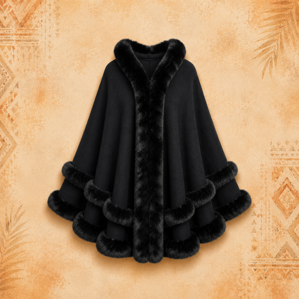 Faux Fur Double Layer Black Poncho