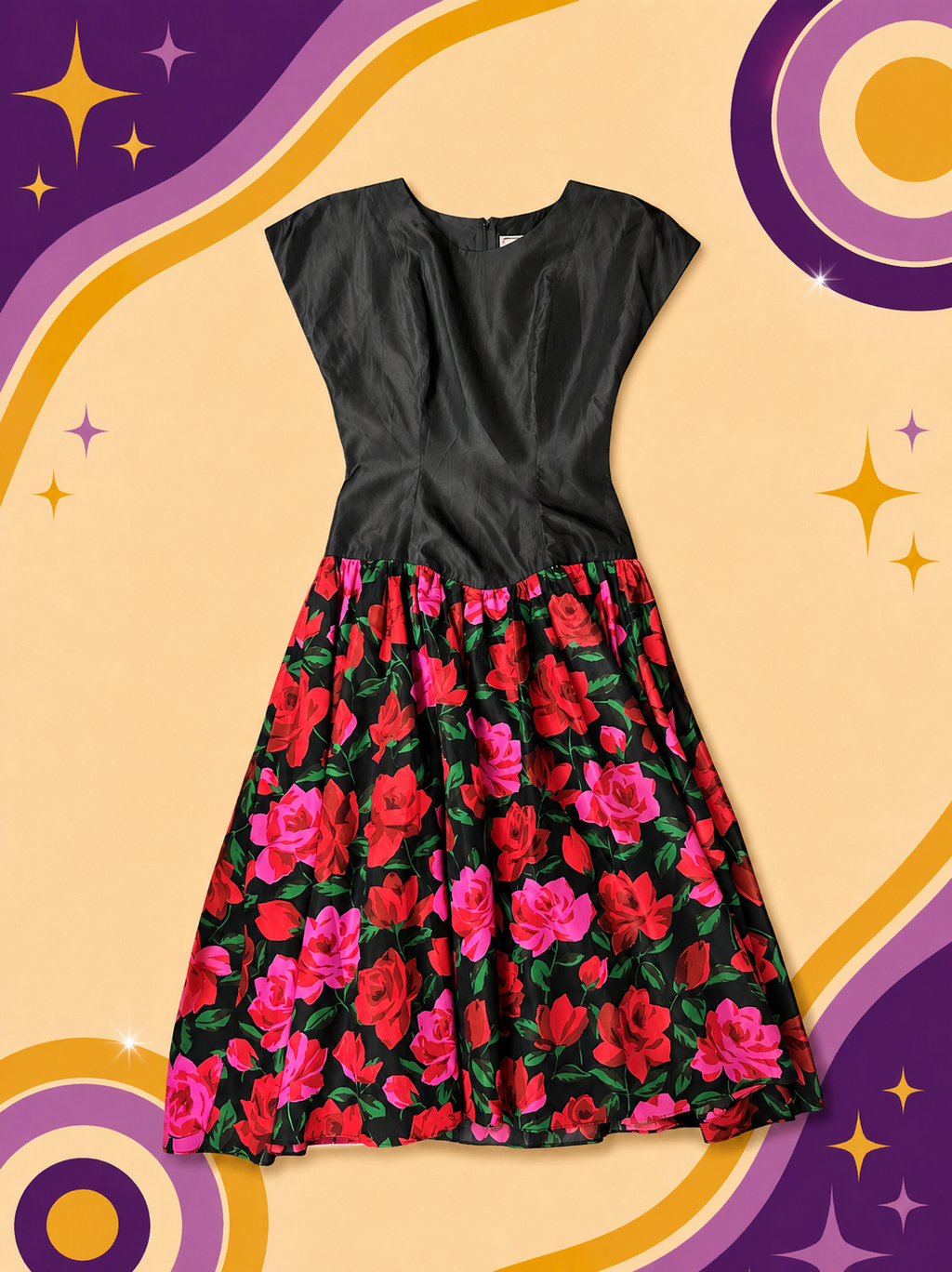 1980's Original Vintage Designer Collection Taffeta Rose Dress