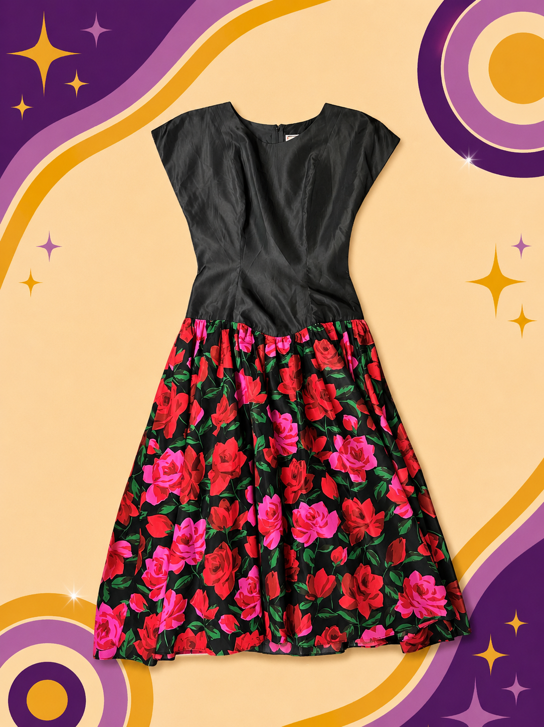 1980's Original Vintage Designer Collection Taffeta Rose Dress