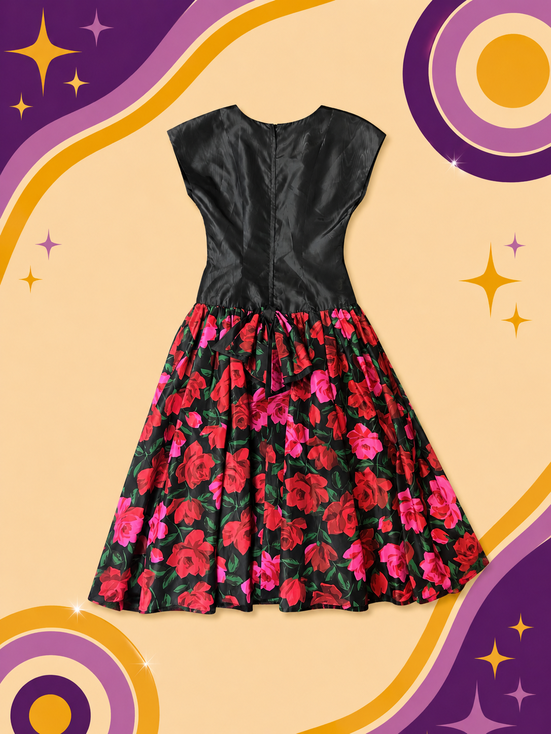 1980's Original Vintage Designer Collection Taffeta Rose Dress
