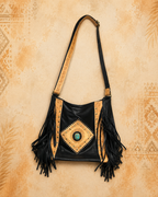 Black Leather Boho Tassel Bag with Turquoise Stone