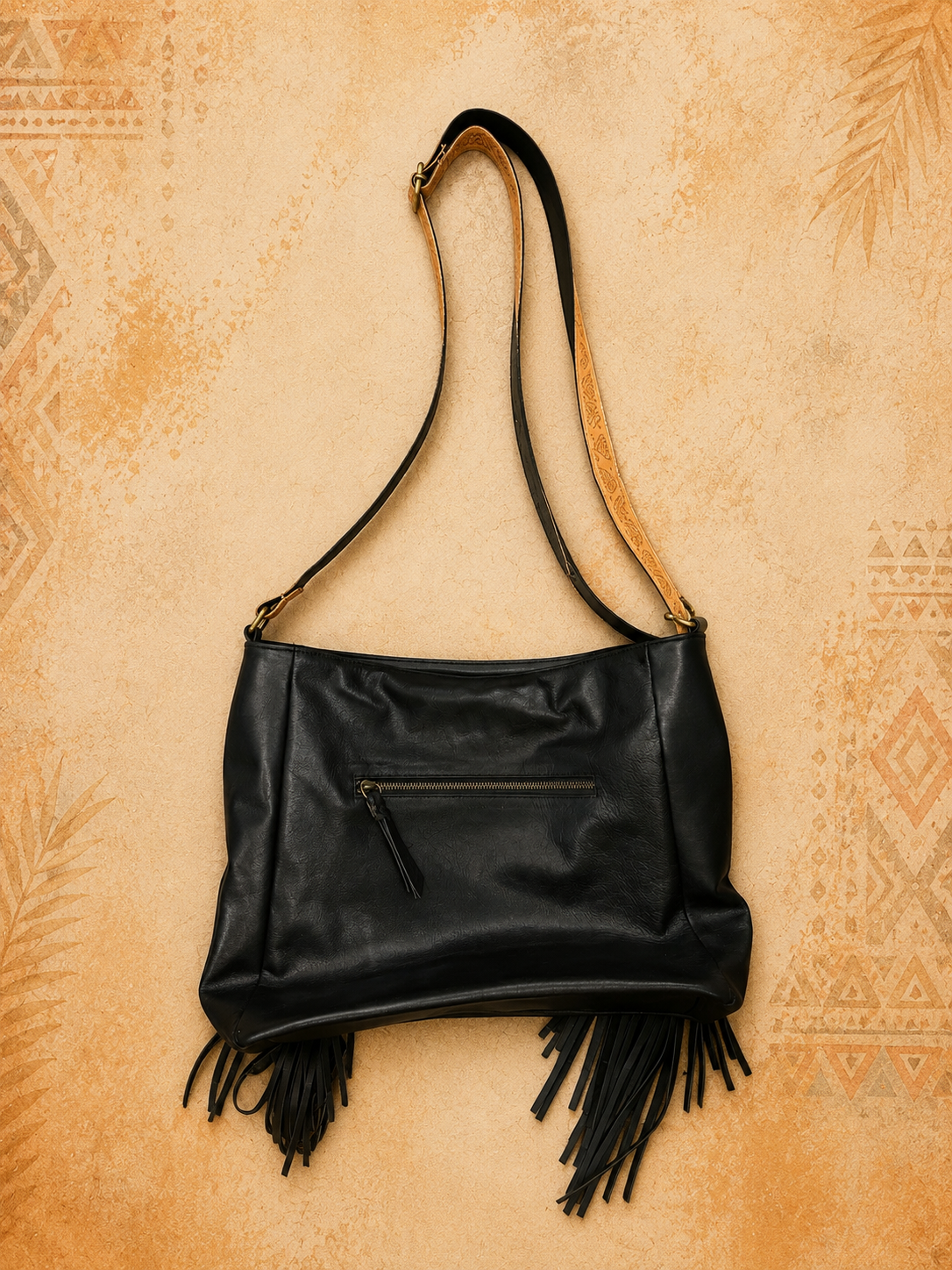 Black Leather Boho Tassel Bag with Turquoise Stone