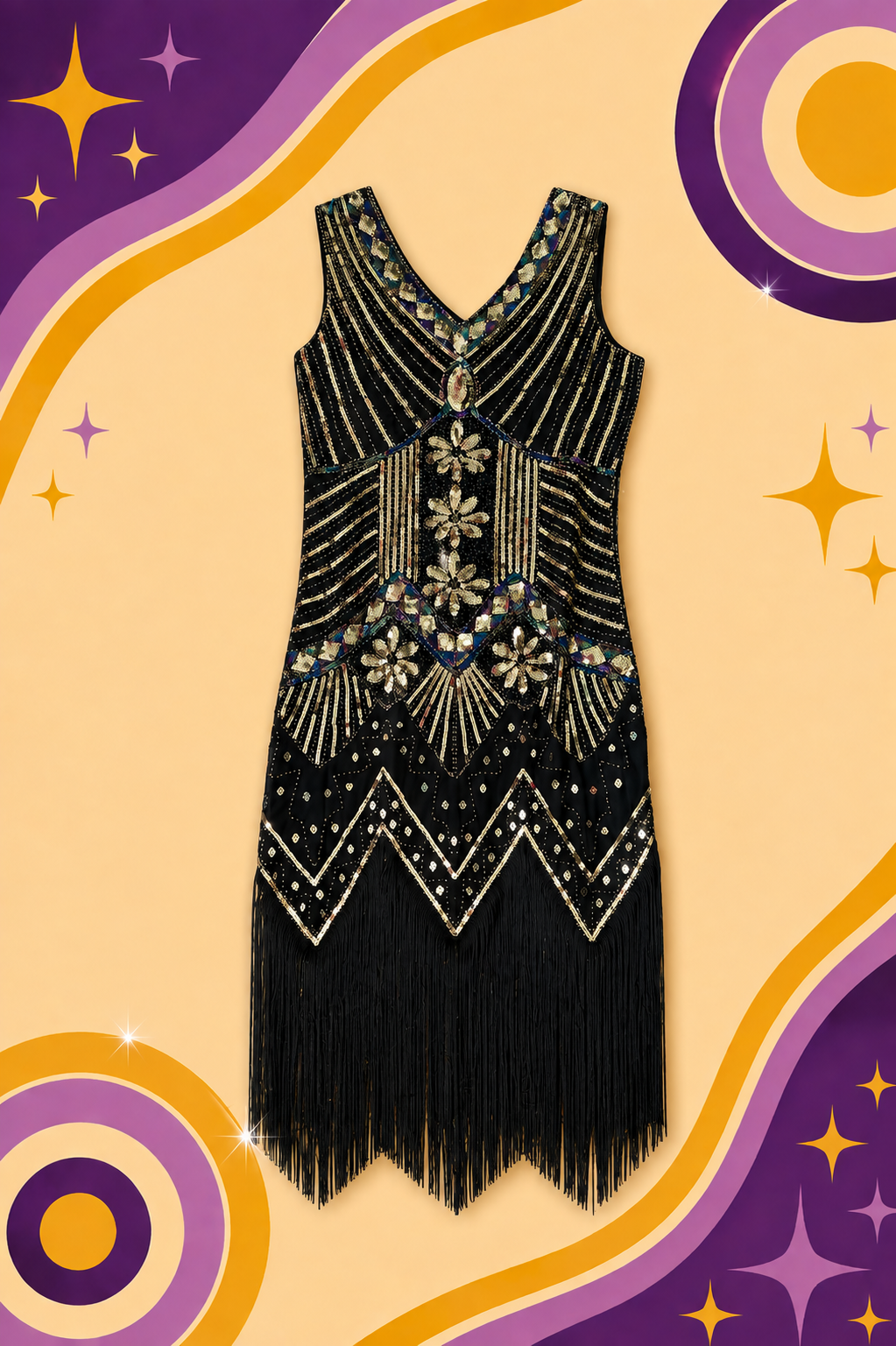 1920's Inspired Gold/Black Gatsby Tassel Dress
