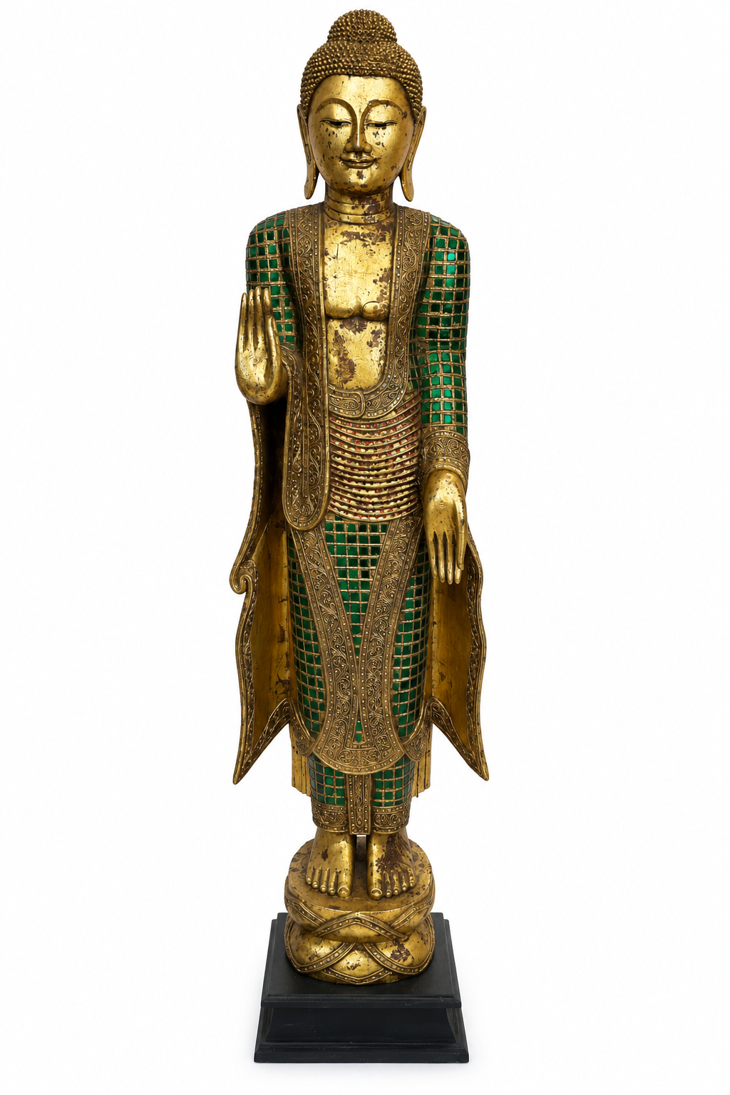 Large Hand Carved Buddha Statue With Gold Detailing and Glass Mosaic