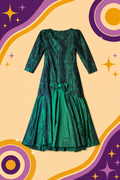 1980's Original Vintage Taffeta Green Black Lace Dress