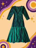 1980's Original Vintage Taffeta Green Black Lace Dress