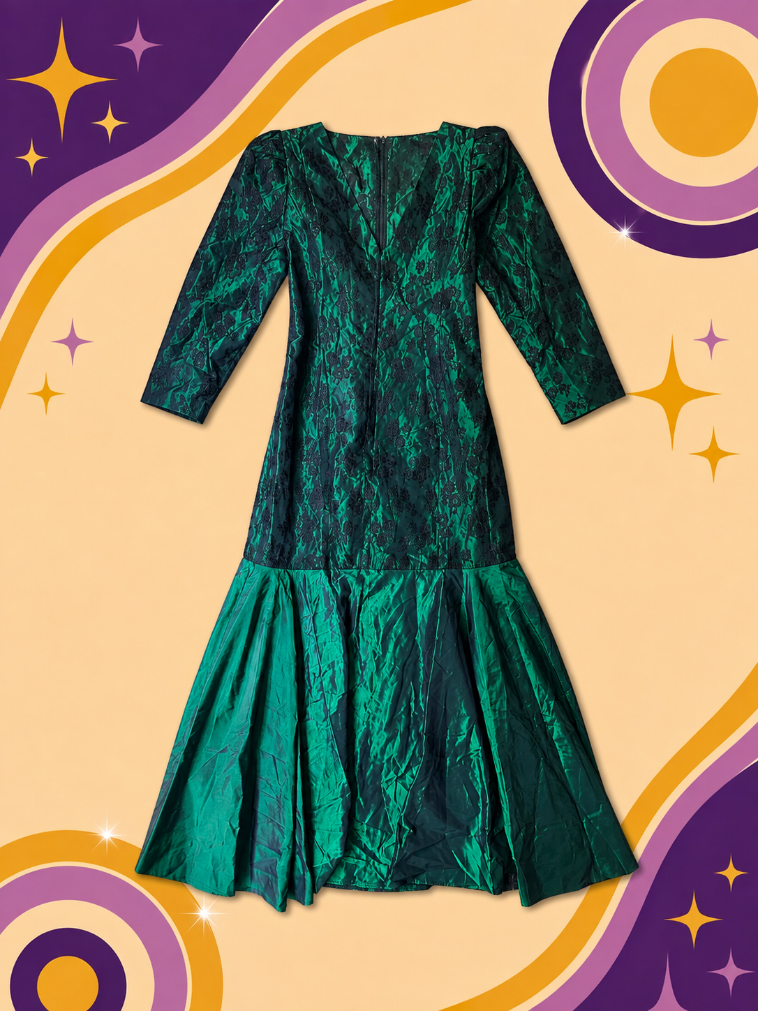 1980's Original Vintage Taffeta Green Black Lace Dress