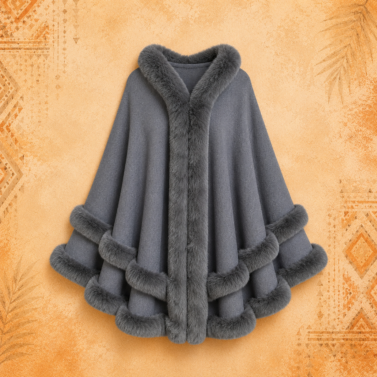 Faux Fur Double Layer Grey Poncho