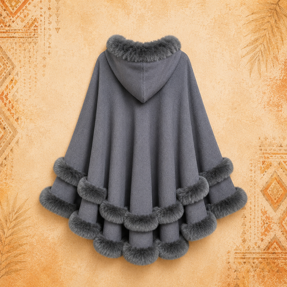 Faux Fur Double Layer Grey Poncho