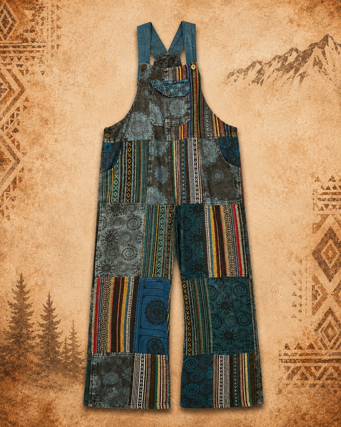 3rd Eye Patchwork 100% Cotton Blue Overalls