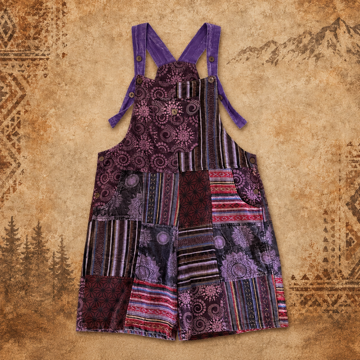 3rd Eye Patchwork 100% Cotton Purple Overalls (Short)