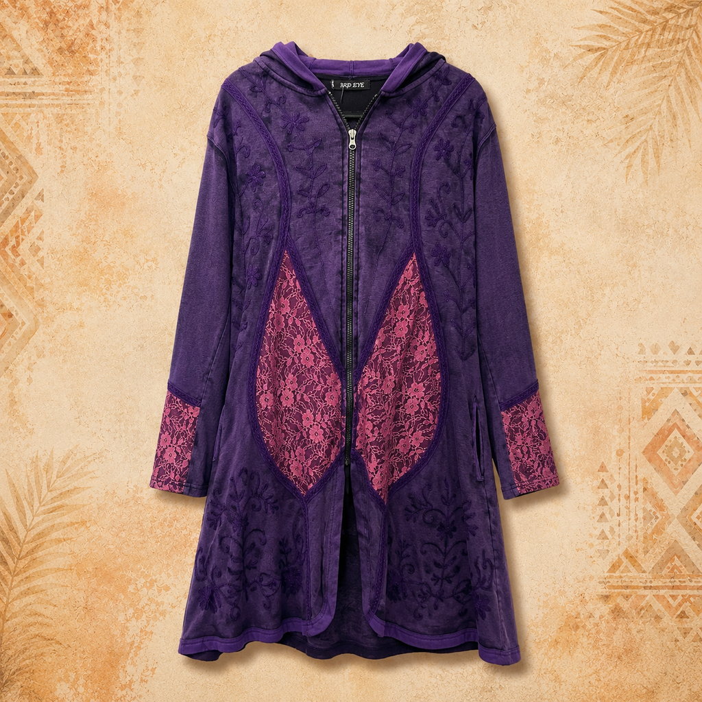 3rd Eye 100% Cotton Purple Embroidery Zip Up Jacket W/Hood