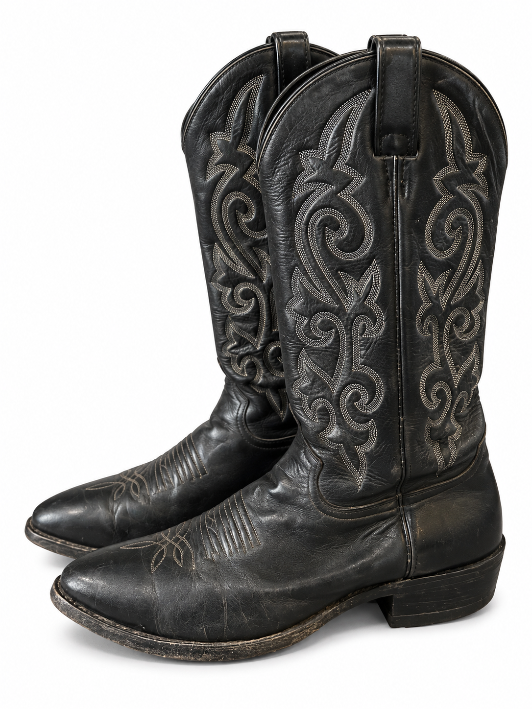 American Vintage Genuine Leather Justin (M11) Black W/White Stitching Cowboy Boots