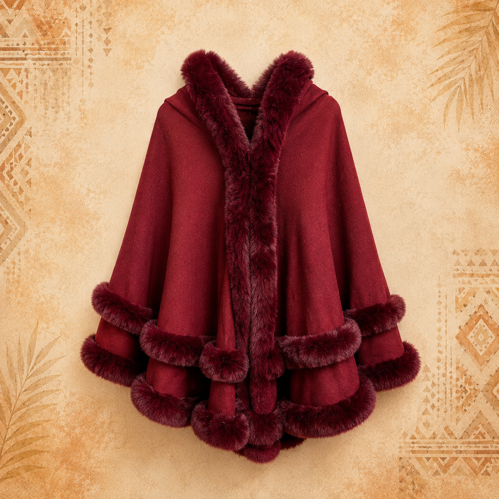 Faux Fur Double Layer Maroon Poncho