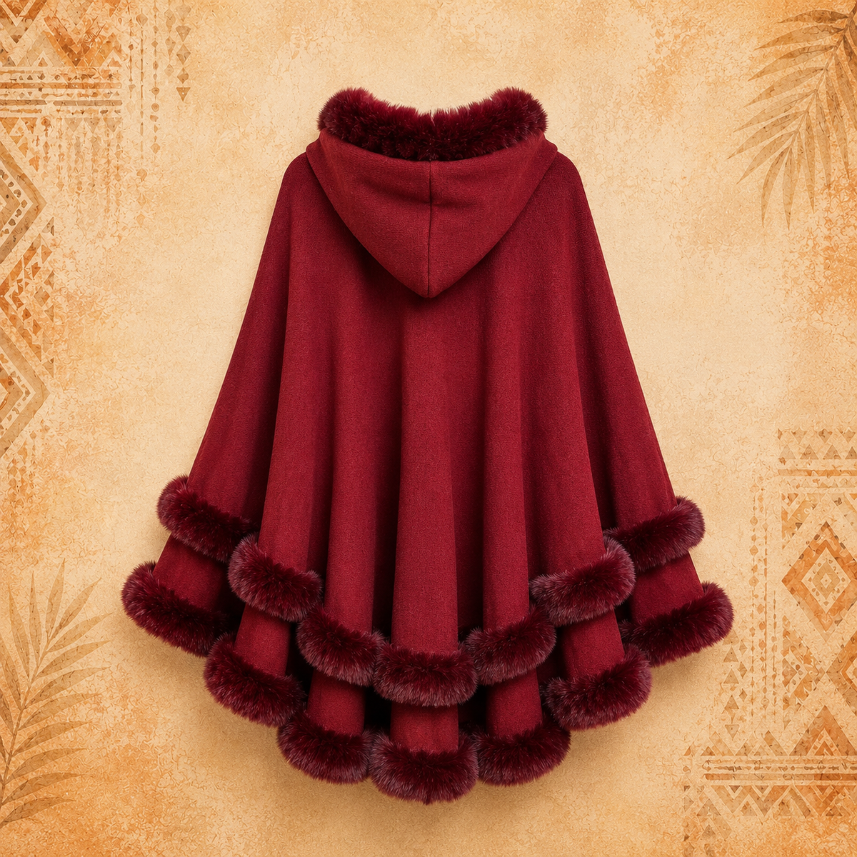 Faux Fur Double Layer Maroon Poncho