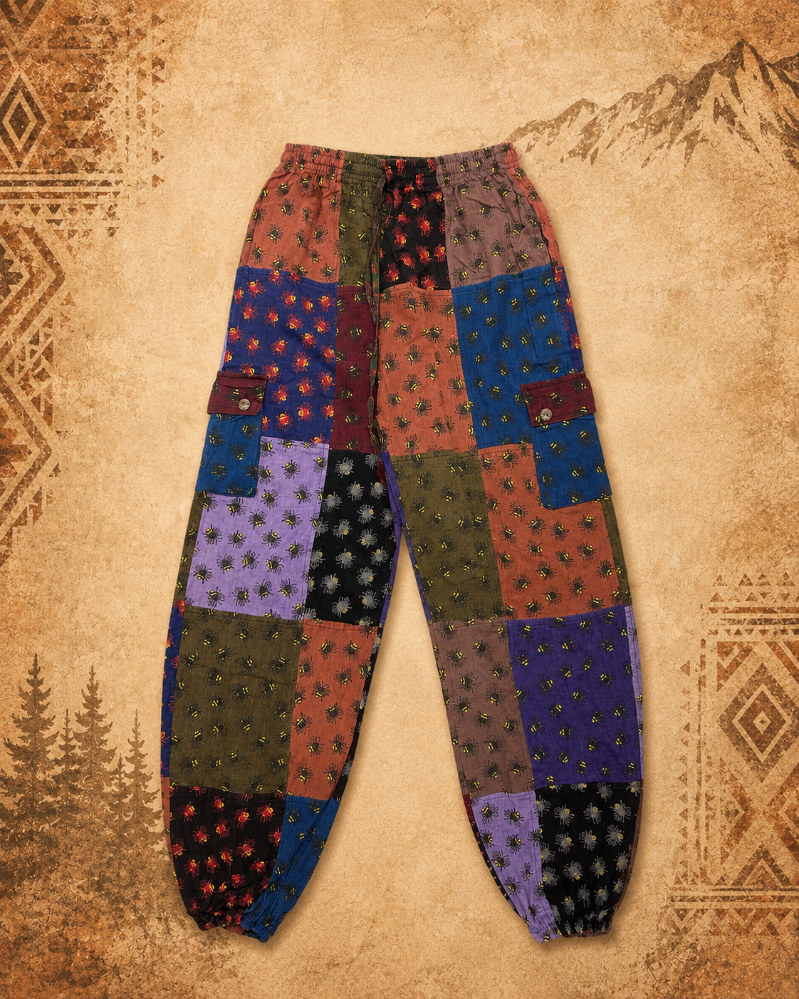 Mens 3rd Eye 100% Cotton Bee Patchwork Pants