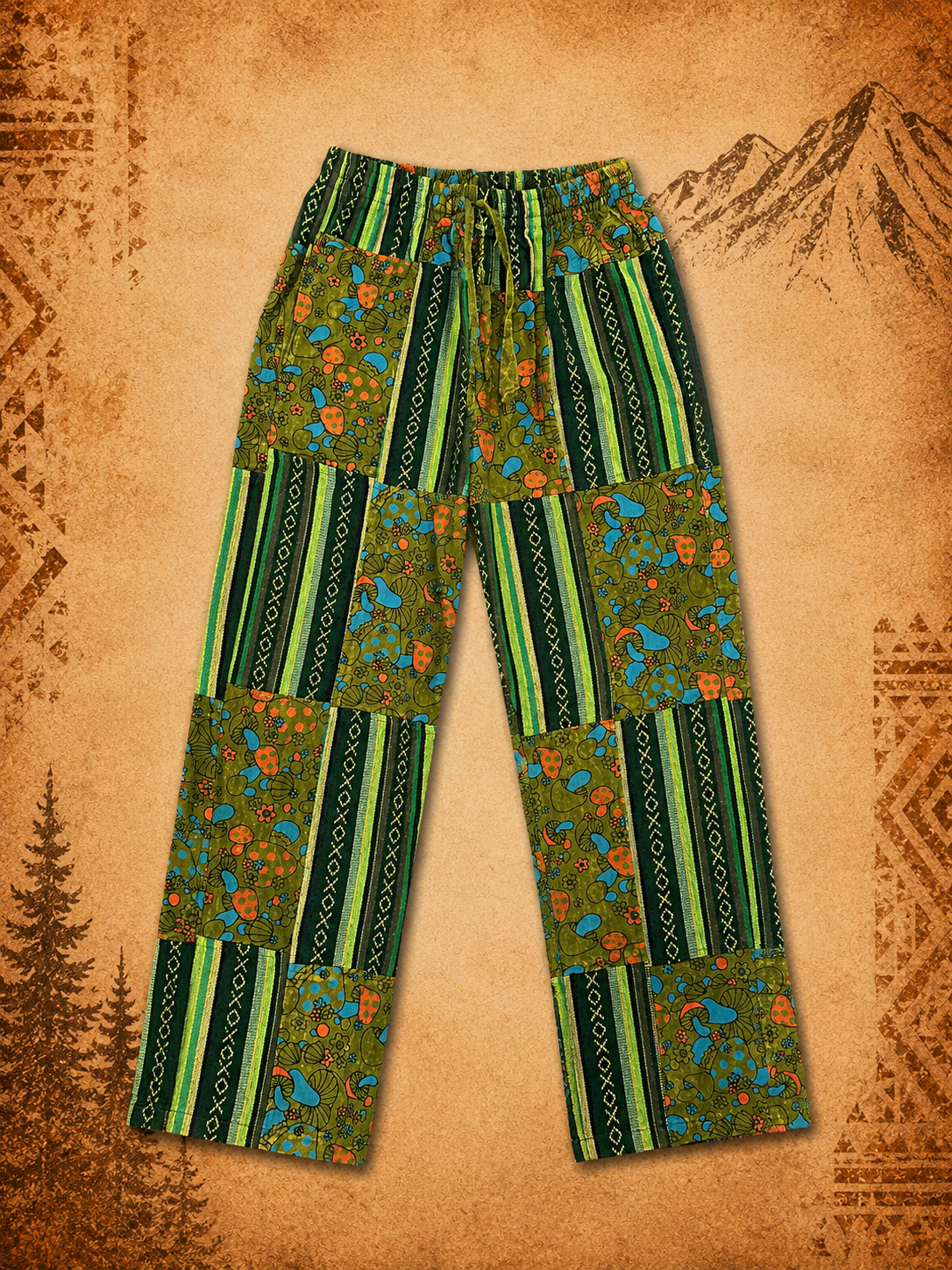 Mens 3rd Eye 100% Cotton Mushroom Patchwork Pants