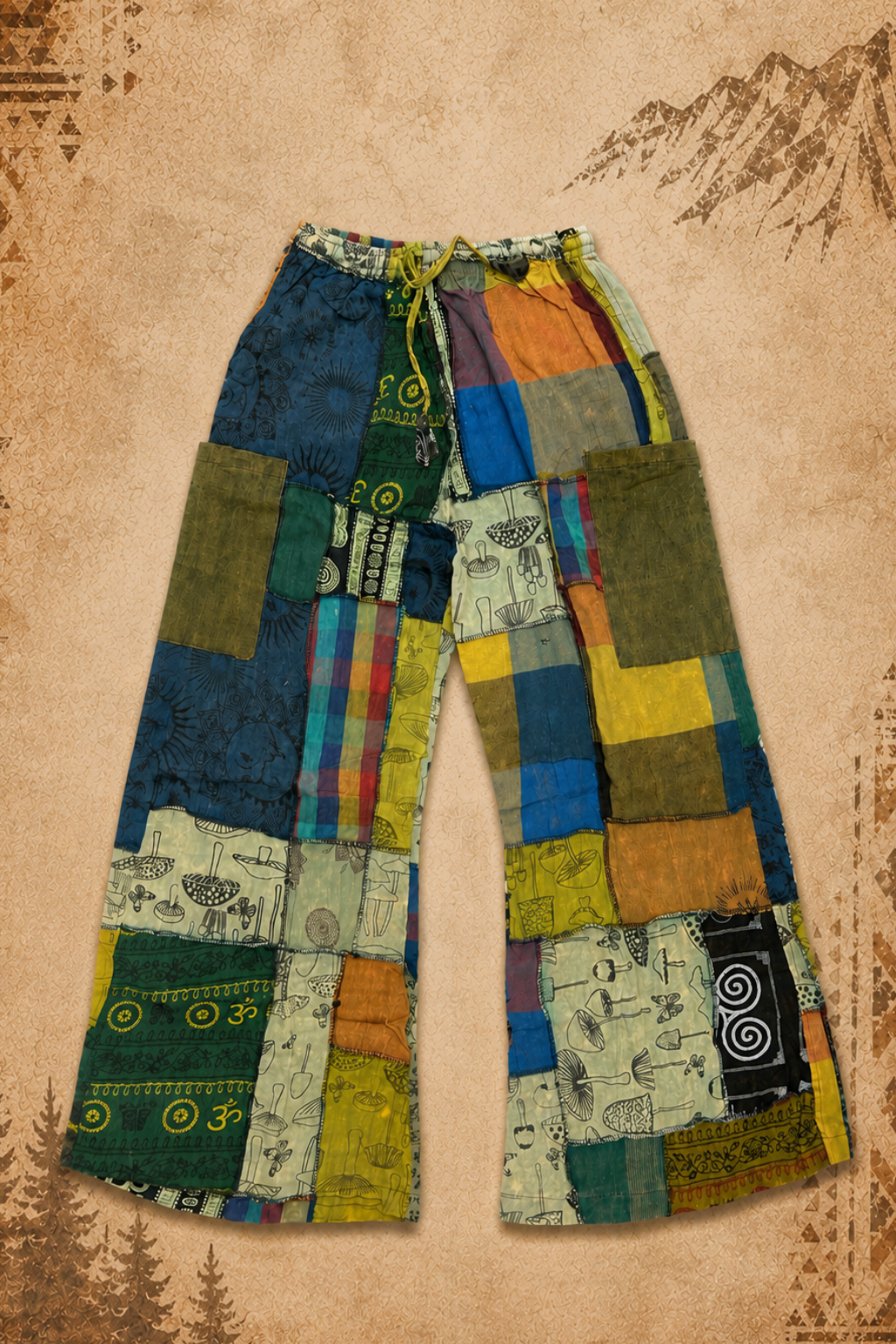 Mens 3rd Eye 100% Cotton Mushroom Patchwork Flares