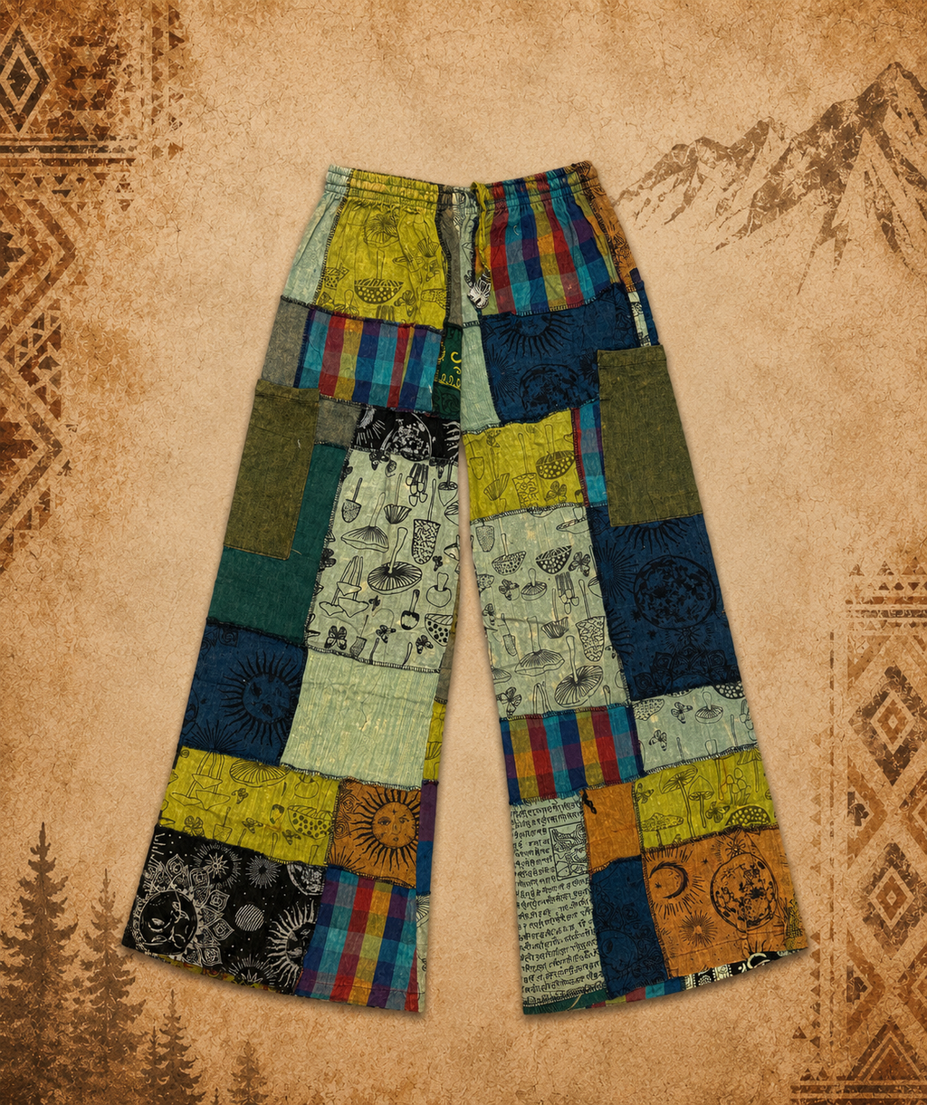 Mens 3rd Eye 100% Cotton Mushroom Patchwork Flares