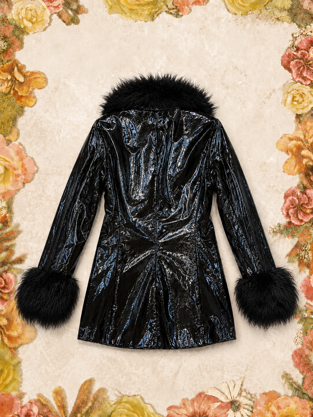 Patent Leather Illusion Brown Fur Trim Coat