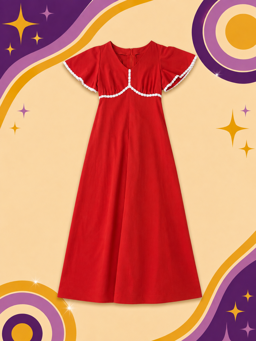 1960's/1970's original Vintage Red Maxi Dress W/floral Detail