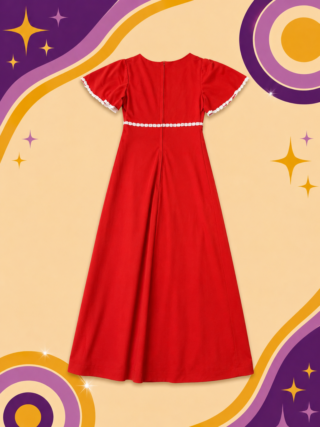1960's/1970's original Vintage Red Maxi Dress W/floral Detail