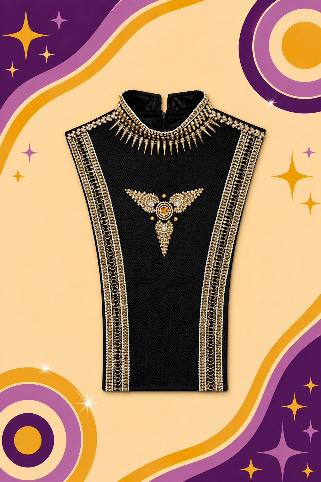 Embellished Black Vest-Piece with gold Rhinestones