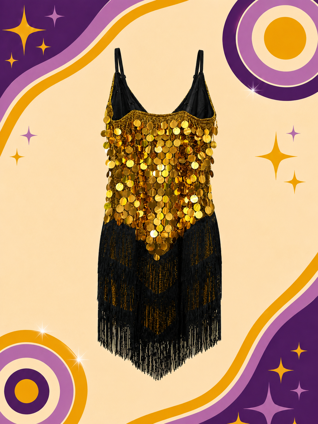 Gold Sequin Black Tassel Fringe Showgirl Dress