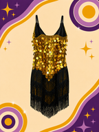 Gold Sequin Black Tassel Fringe Showgirl Dress