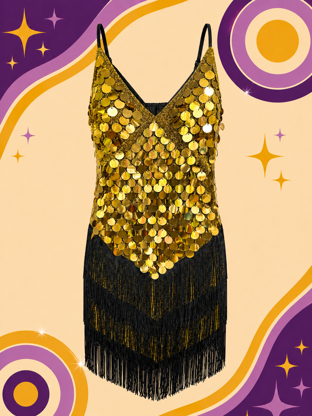 Gold Sequin Black Tassel Fringe Showgirl Dress