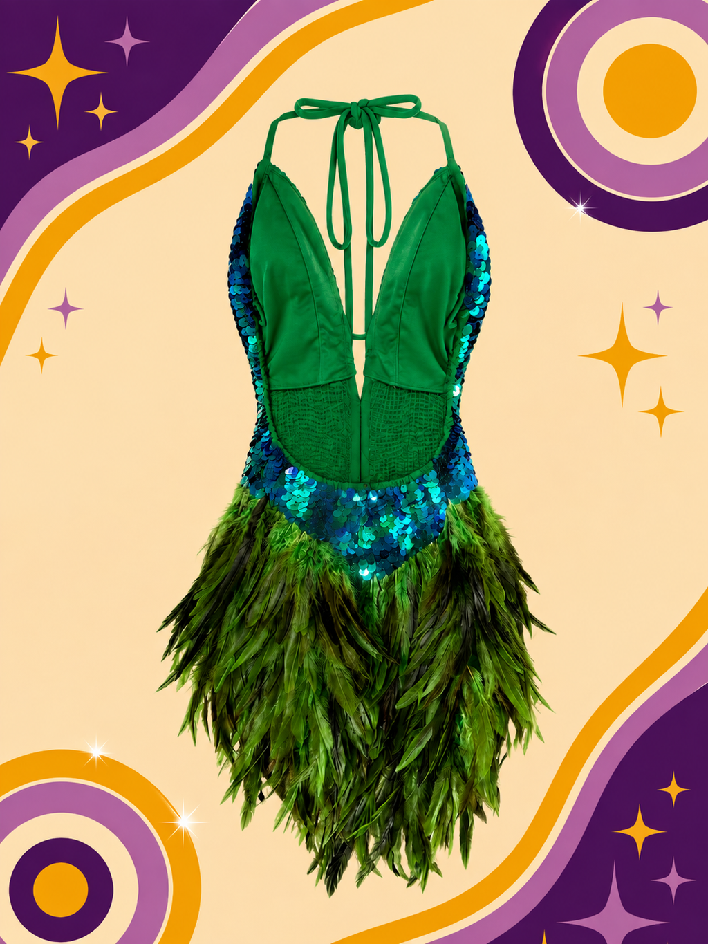 Hand Made Green Showgirl Dress with Sequins and Feathers