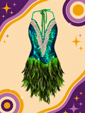 Hand Made Green Showgirl Dress with Sequins and Feathers