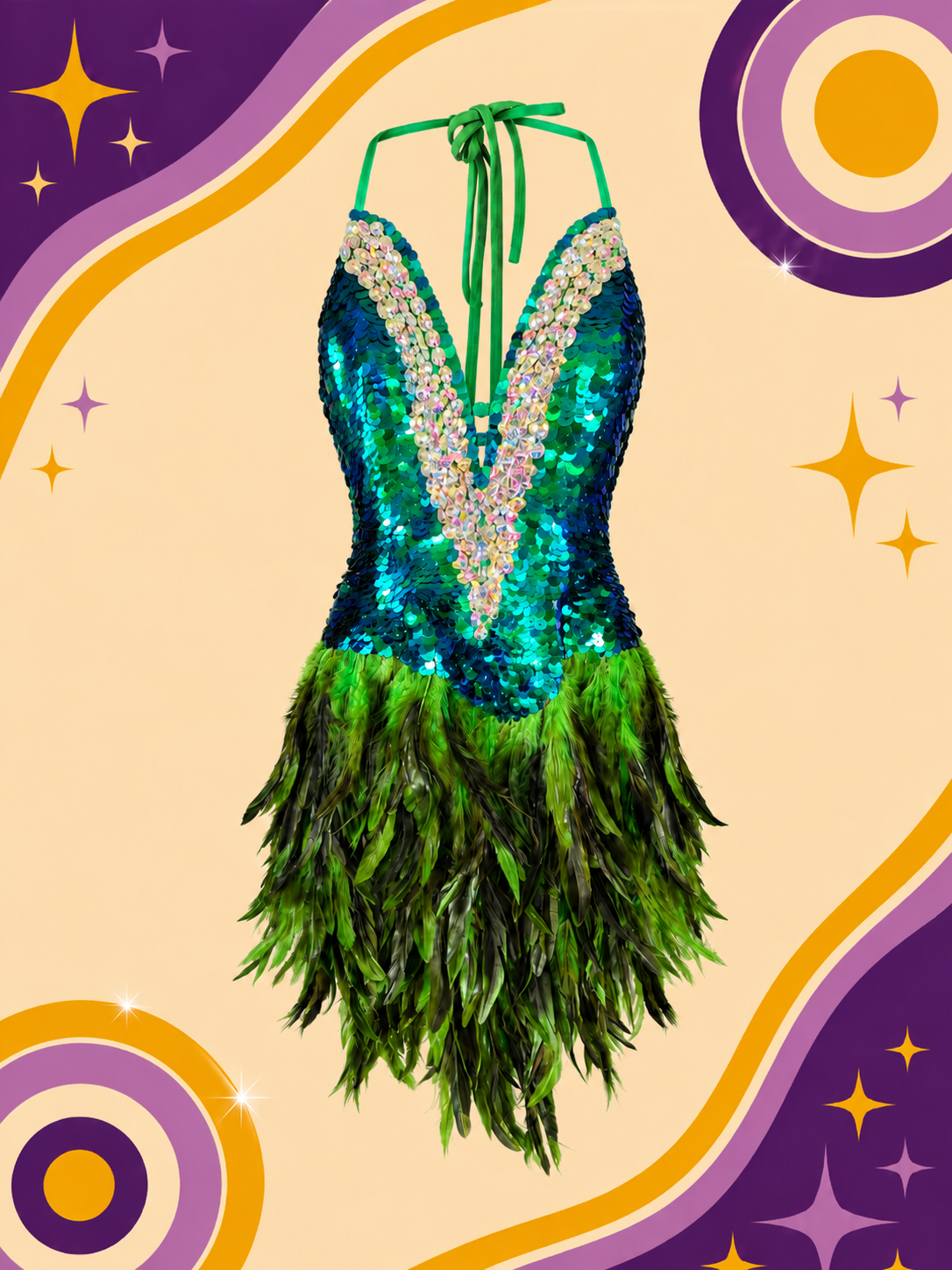 Hand Made Green Showgirl Dress with Sequins and Feathers