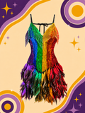 Hand Made Sequin Showgirl Dress Rainbow with Feathers
