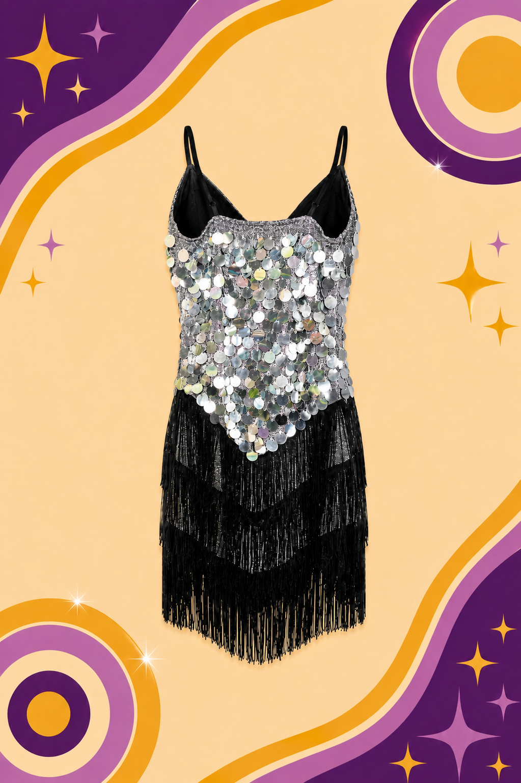 Gold Sequin Black Tassel Fringe Showgirl Dress