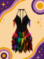 Hand Made Sequin Showgirl Dress Rainbow with Feathers